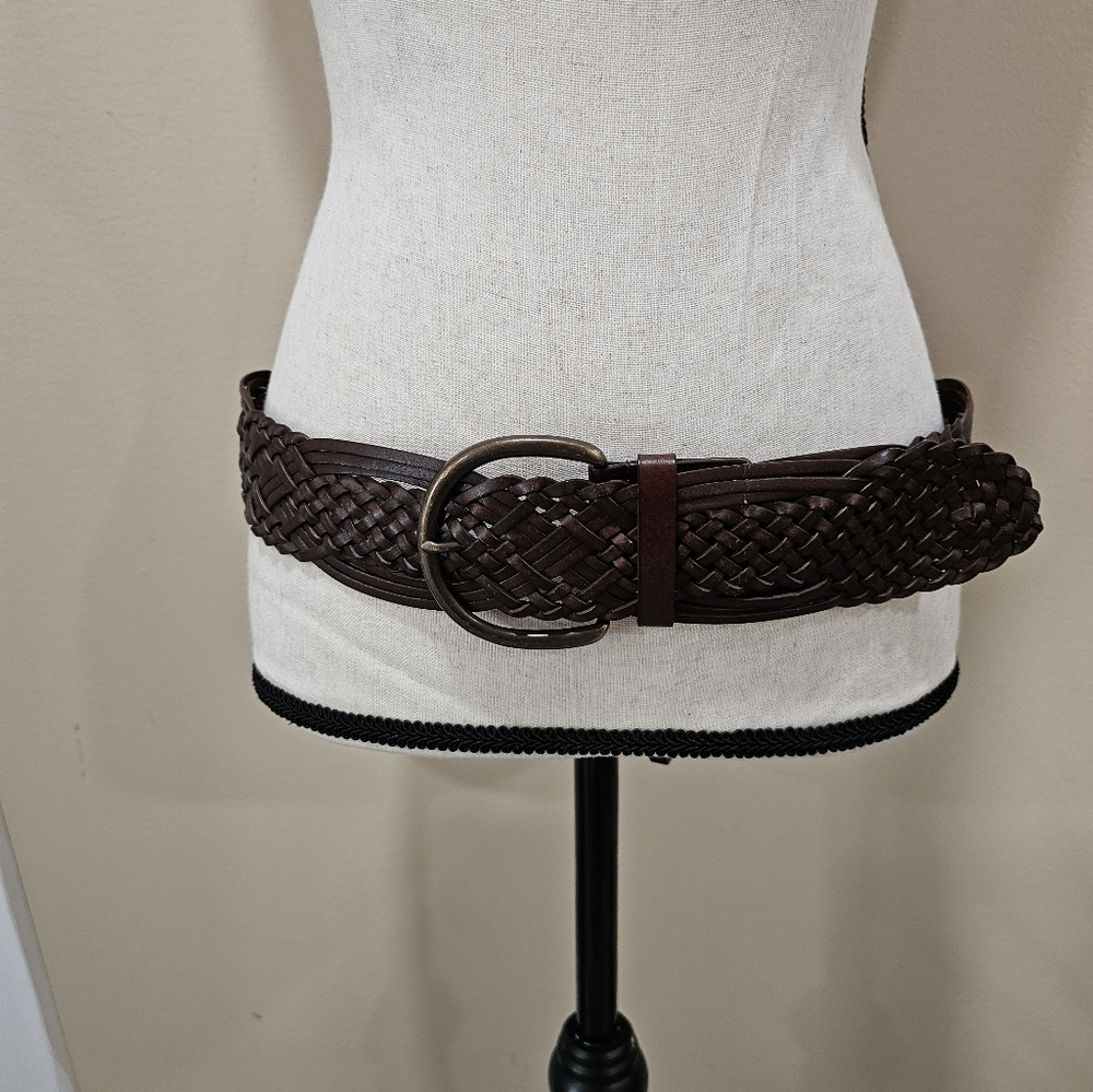 Western Bohemian Brown Leather Wide Braided  Buckle Belt - Picture 7 of 8